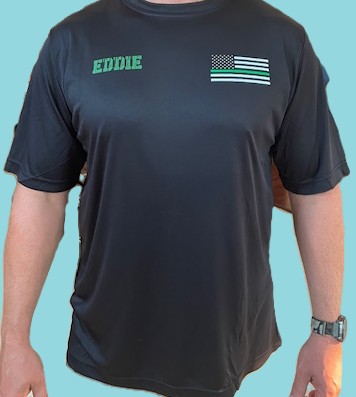 Front view of custom name and flag printed apparel